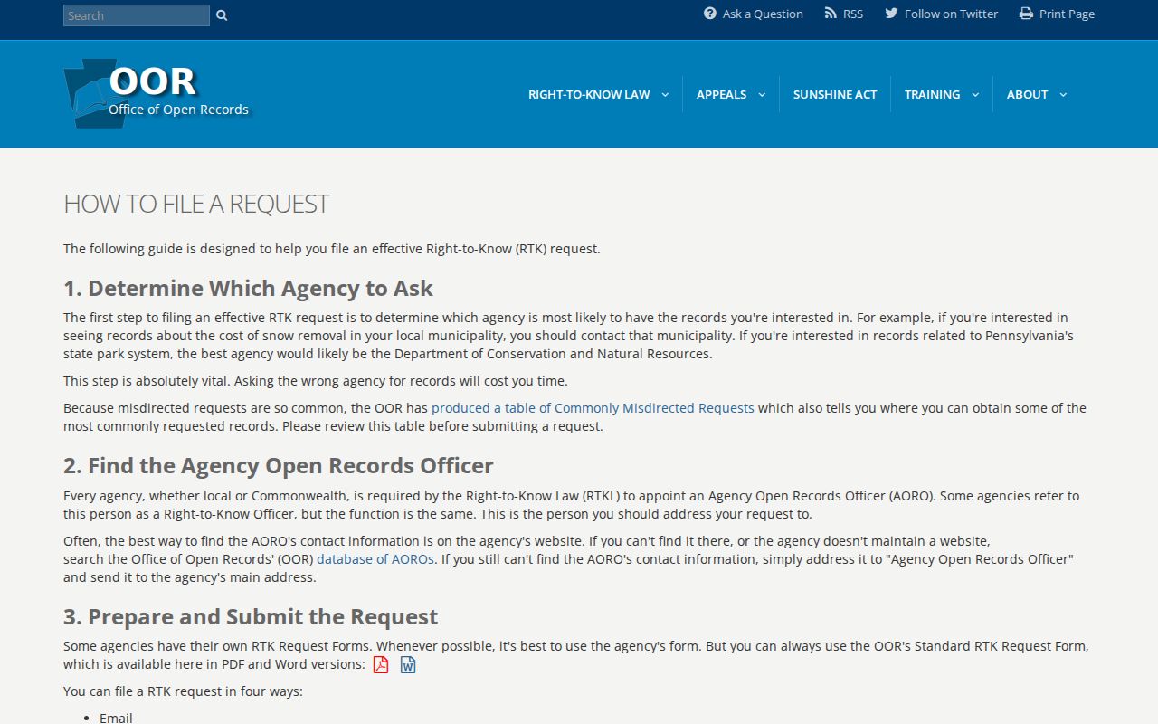 Falls Township residents directory Pennsylvania Right-to-Know request guidance