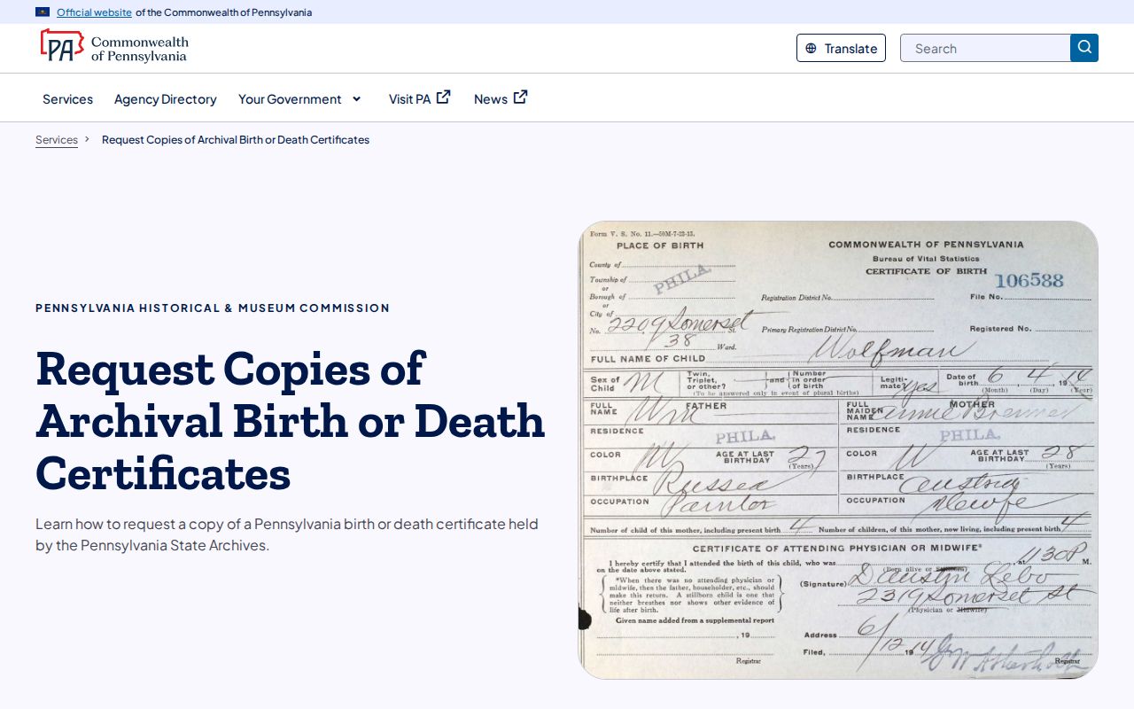 Falls Township resident lookup Pennsylvania Archives vital-record request
