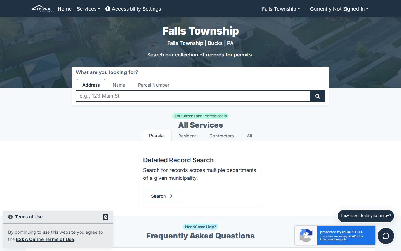 Falls Township street directory screenshot of Falls permit and record search routes