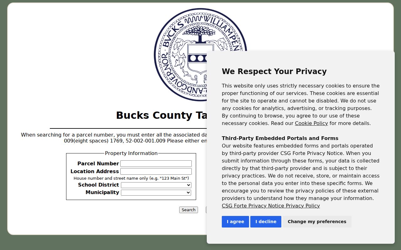 Falls Township ZIP code directory screenshot of Bucks County Tax Claim search fields