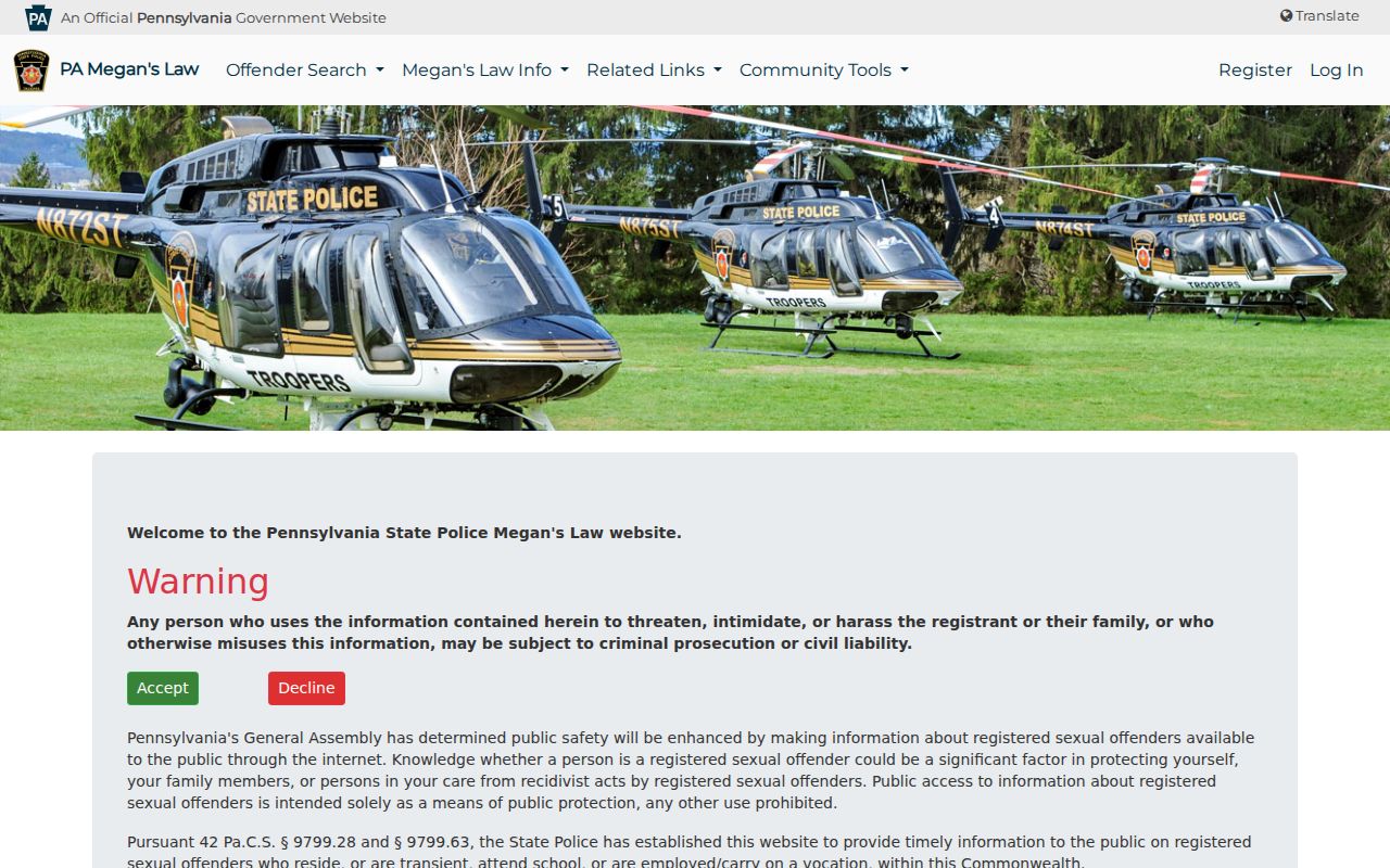 Falls Township ZIP code directory screenshot of Pennsylvania Megan's Law ZIP search